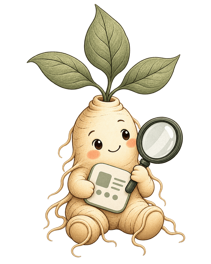 A cheerful ginseng scan guide holding a magnifying glass and an app tile